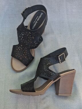 Barbara Barbieri Black Laser Cut Leather Strappy Sandals Heeled Made in Italy